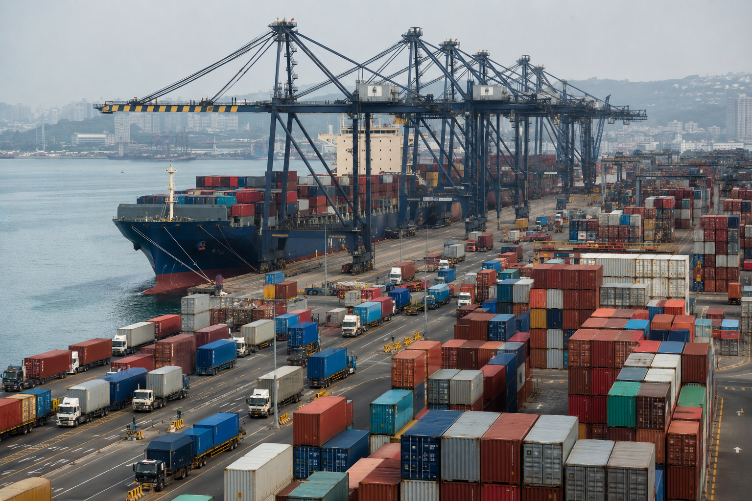 Busy container terminal with cranes, stacked containers and trucks